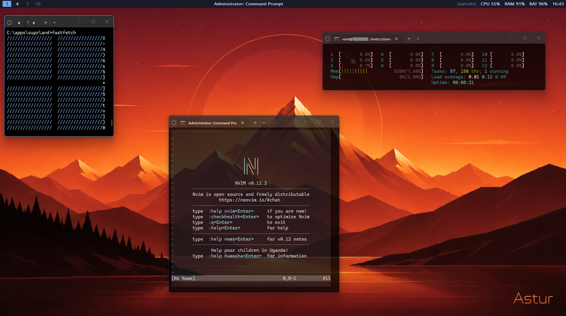 Astur tiling windows with a status bar on a live Windows desktop